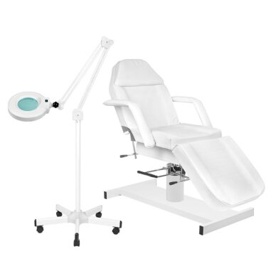 Cosmetology chair HYDRAULIC WHITE + Cosmetology lamp with magnifier and stand S5 5D 12W WHITE