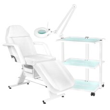Kosmetologinis krėslas BASIC WHITE + Kosmetologinis vežimėlis 1040 GIOVANNI + Kosmetologinė lempa su lupa ir stovu S5 5D 12W WHITE