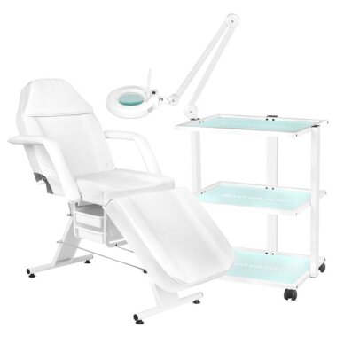 Krzesło kosmetyczne BASIC WHITE + Wózek kosmetyczny 1040 GIOVANNI + Lampa kosmetyczna z lupą i statyw S5 5D 12W WHITE
