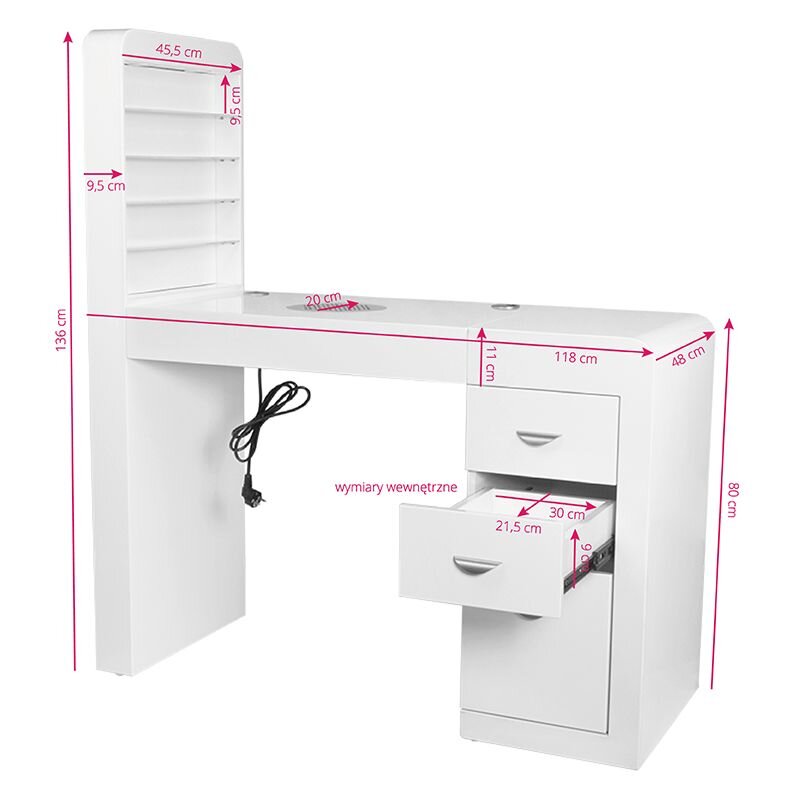 Manicure table with dust collector COSMETIC DESK RIGHT SHELF WHITE 9