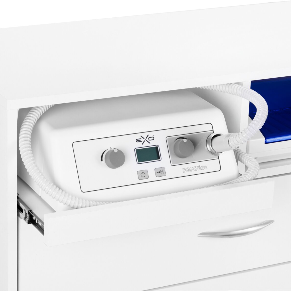 KOMPLEKTS: Exo Podo Line manikīra nagu vīle + Y-200 kosmētikas ratiņi + ELEGANTE kosmētiskā LED lampa + UV-C zils sterilizators 3 KOMPLEKTS: Exo Podo Line manikīra nagu vīle + Y-200 kosmētikas ratiņi + ELEGANTE kosmētiskā LED lampa + UV-C zils sterilizators 3