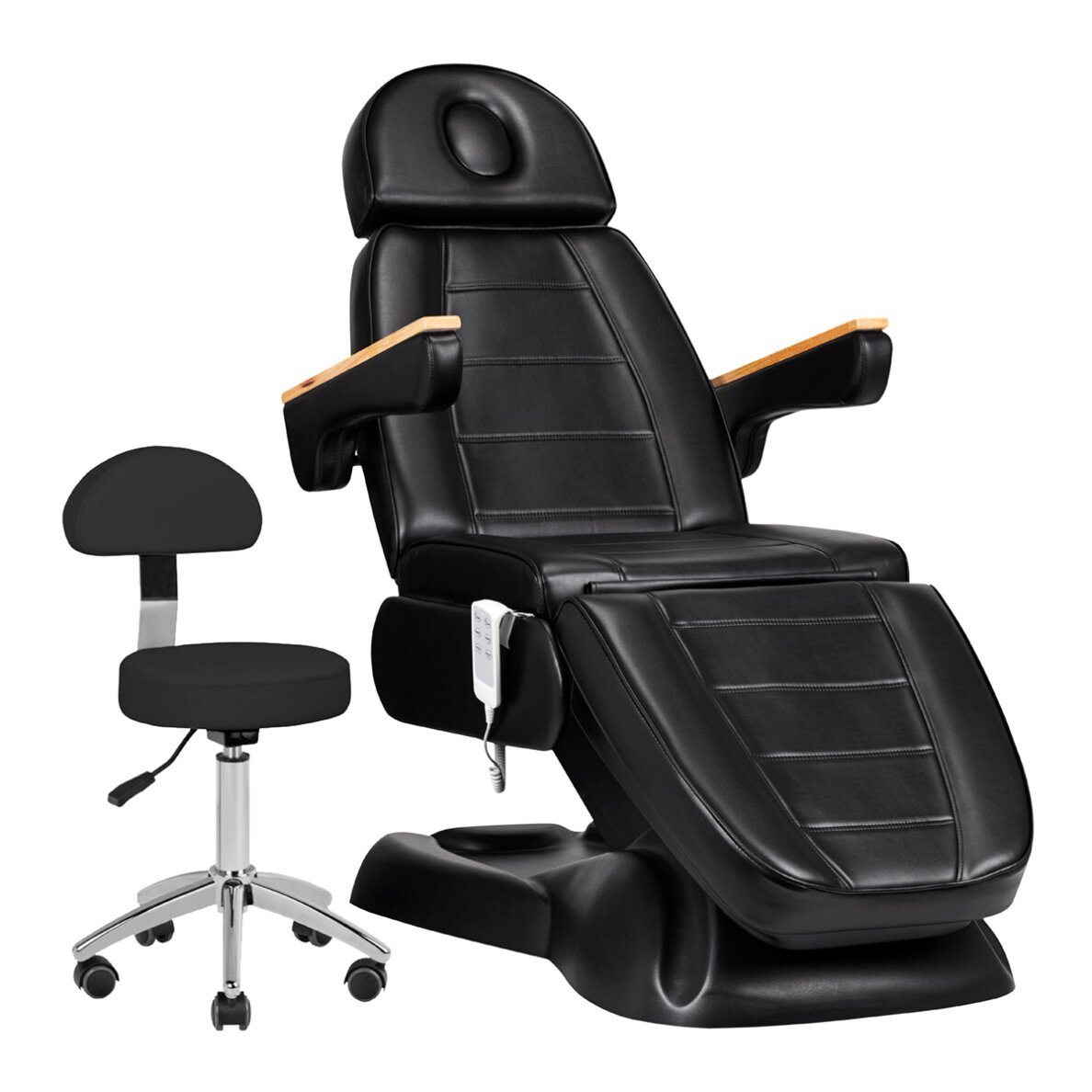 SET: Cosmetology chair SILLON PRESTIGE LUX ELECTRIC 3 MOTOR BLACK + Beautician stool STOOL BEAUTY BACKREST ROUND BLACK