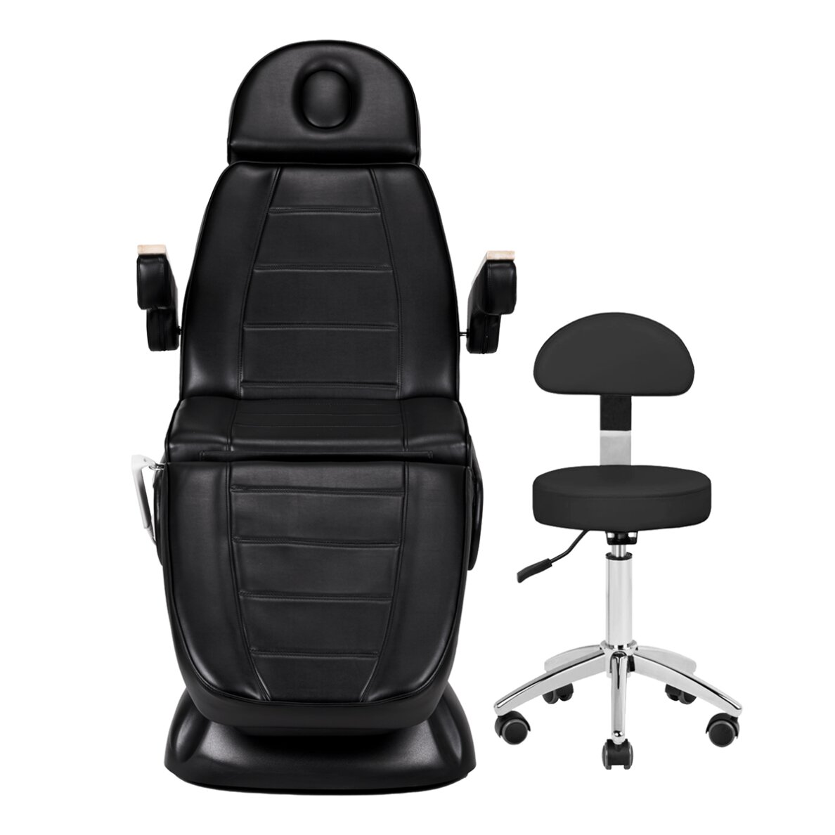 SET: Cosmetology chair SILLON PRESTIGE LUX ELECTRIC 3 MOTOR BLACK + Beautician stool STOOL BEAUTY BACKREST ROUND BLACK 1 SET: Cosmetology chair SILLON PRESTIGE LUX ELECTRIC 3 MOTOR BLACK + Beautician stool STOOL BEAUTY BACKREST ROUND BLACK 1