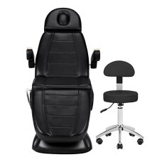 Fotel kosmetyczny SILLON PRESTIGE LUX ELECTRIC 3 MOTOR BLACK + Taboret kosmetyczny STOOL BEAUTY BACKREST ROUND BLACK