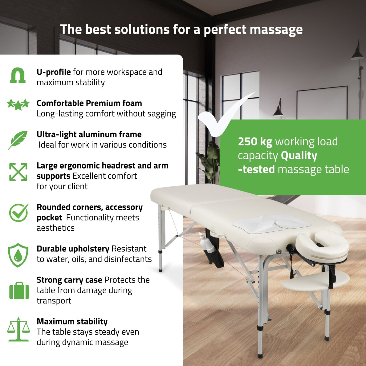 Saliekams, pārnēsājams masāžas galds Vera 60 Comfy K501, balts 1