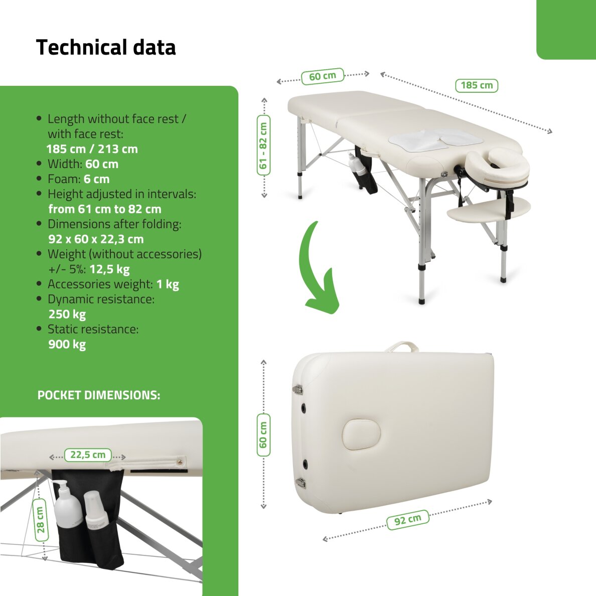 Saliekams, pārnēsājams masāžas galds Vera 60 Comfy K501, balts 5