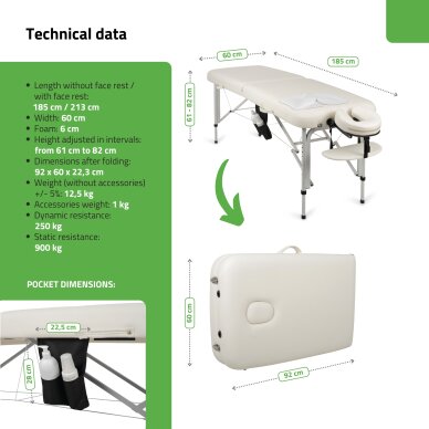 Saliekams, pārnēsājams masāžas galds Vera 60 Comfy K501, balts 5