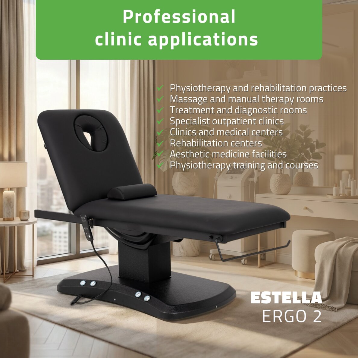 Elektrinis procedūrų gultas Estella ERGO 2 black 1 Elektrinis procedūrų gultas Estella ERGO 2 black 1