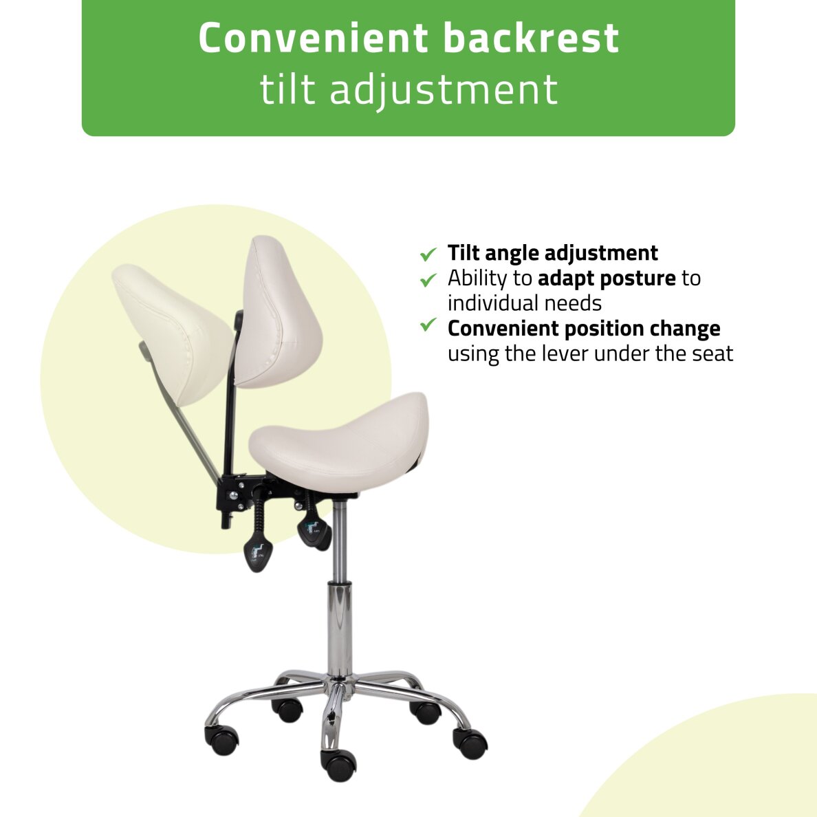 Satulatuoli kosmetologille selkänojalla Sola Comfy Base valkoinen 1 Satulatuoli kosmetologille selkänojalla Sola Comfy Base valkoinen 1