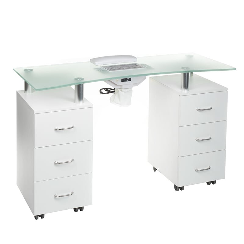 Manikiūro stalas su dulkių surinkėju MANICURE DESK ELEGANCE GLASS WHITE
