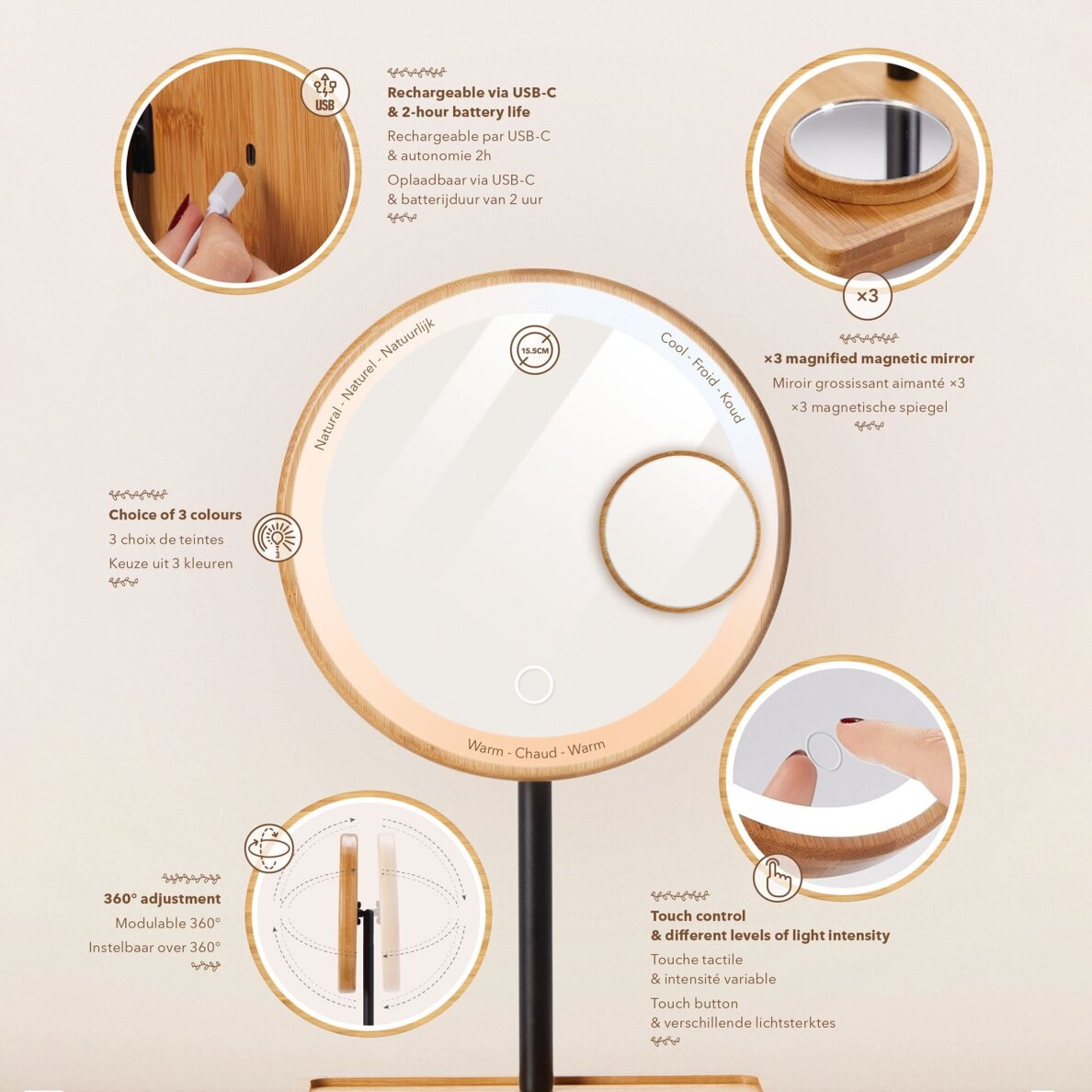 Magnifying Mirror (X1/X3) with LED backlight Lanaform Bamboo Mirror 5 Magnifying Mirror (X1/X3) with LED backlight Lanaform Bamboo Mirror 5