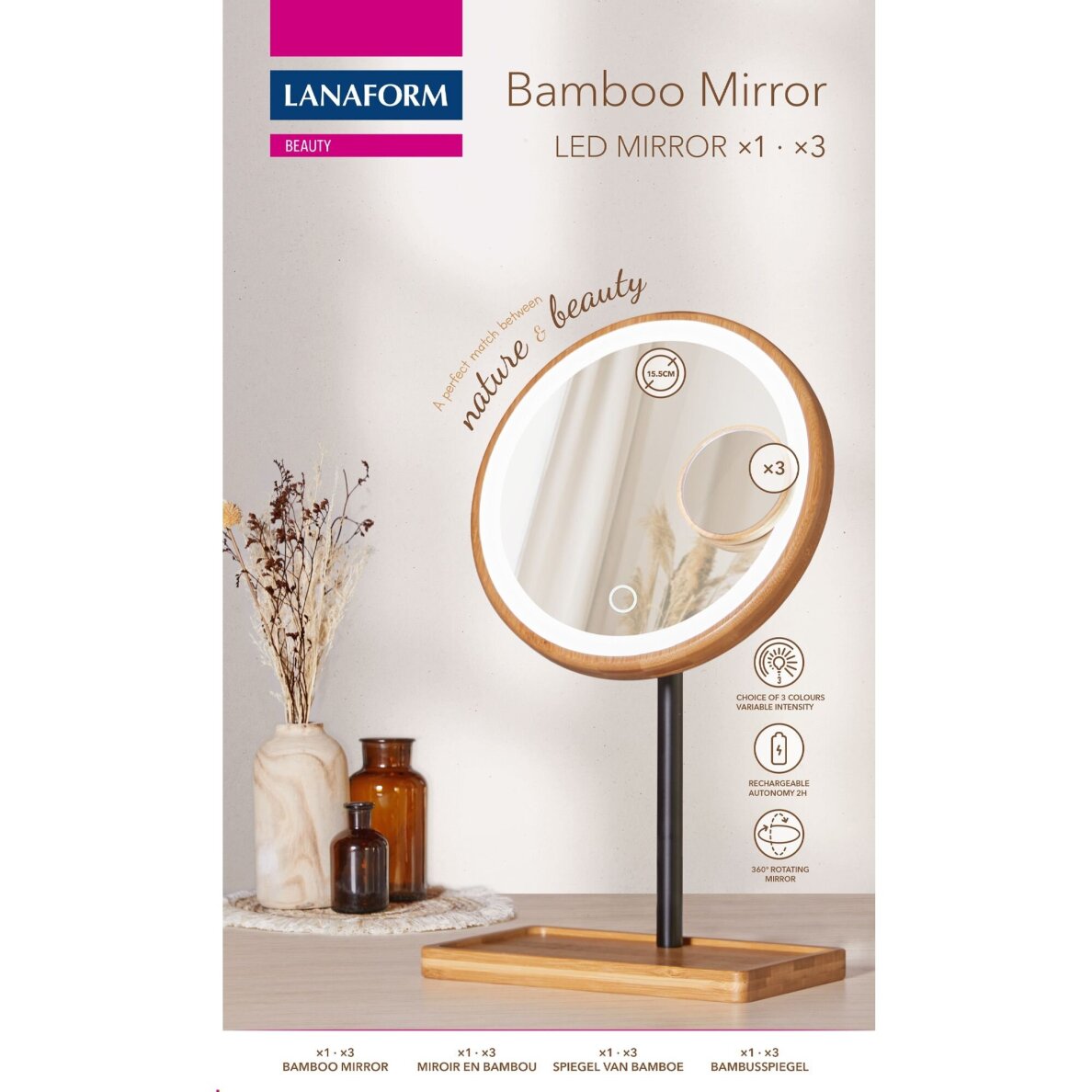 Lustro powiększające (X1/X3) z podświetleniem LED Lanaform Bamboo Mirror 6