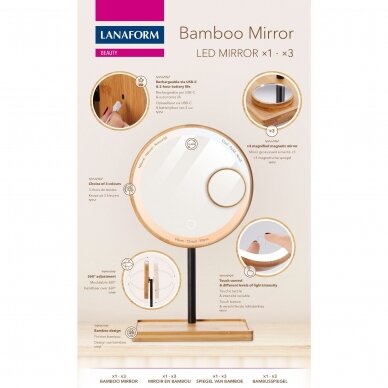 Suurennuspeili (X1/X3) jossa on LED-taustavalo Lanaform Bamboo Mirror 7